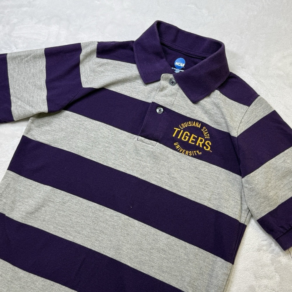 LSU Tigers Striped Polo Shirt NCAA Knights Apparel Purple‎ Gray Mens S